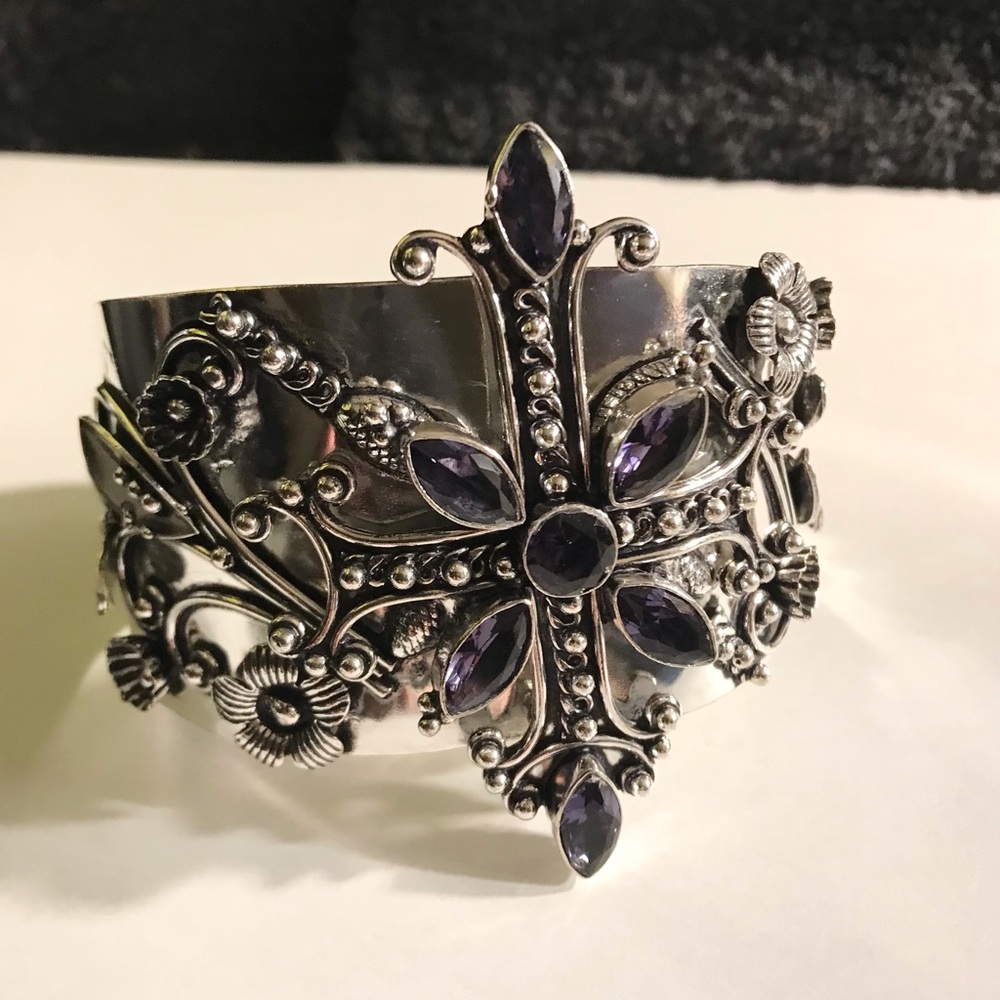 Amethyst Stamped Solid 925 Sterling Silver Cuff Bracelet